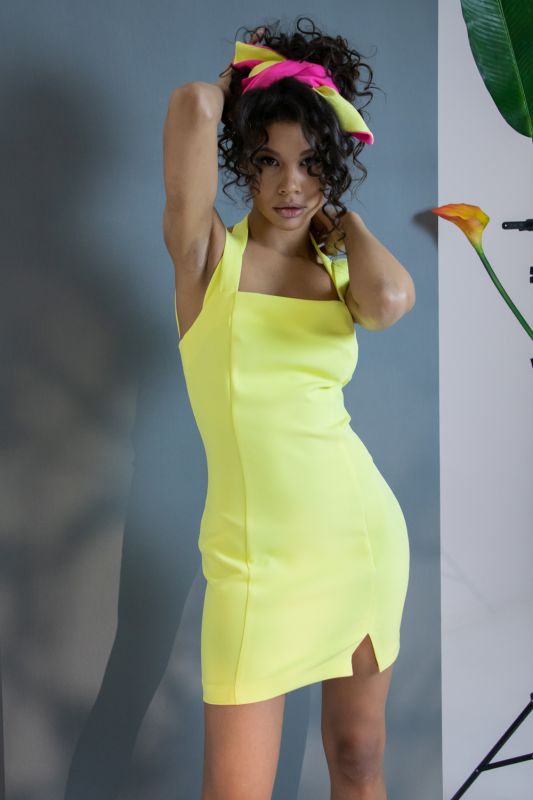 Neon yellow strappy tight summer dress