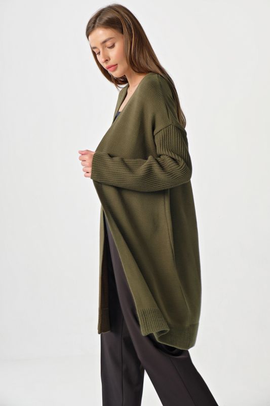 Olive long sleeveless knitted over-size cardigan without button