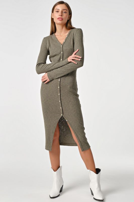 Khaki Buttoned Knit Noodle Dress