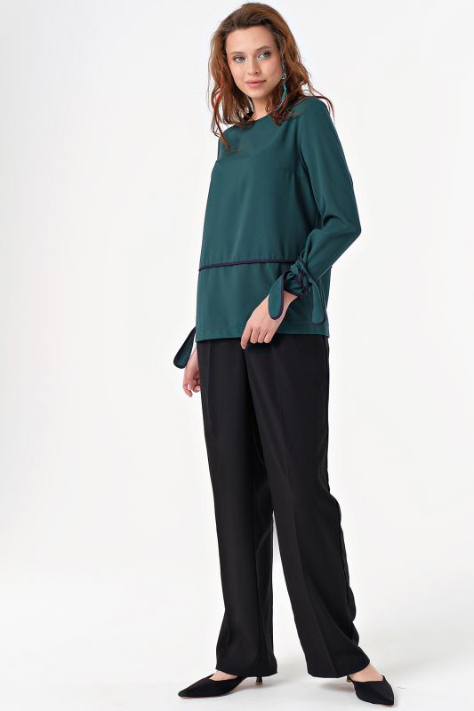 Long blouse with ties for office dark green