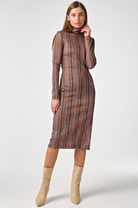 Long sleeve knit midi dress with striped stripes in bronze