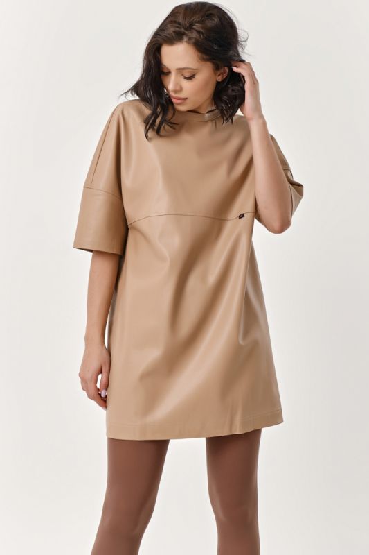 Beige eco leather T-shirt dress