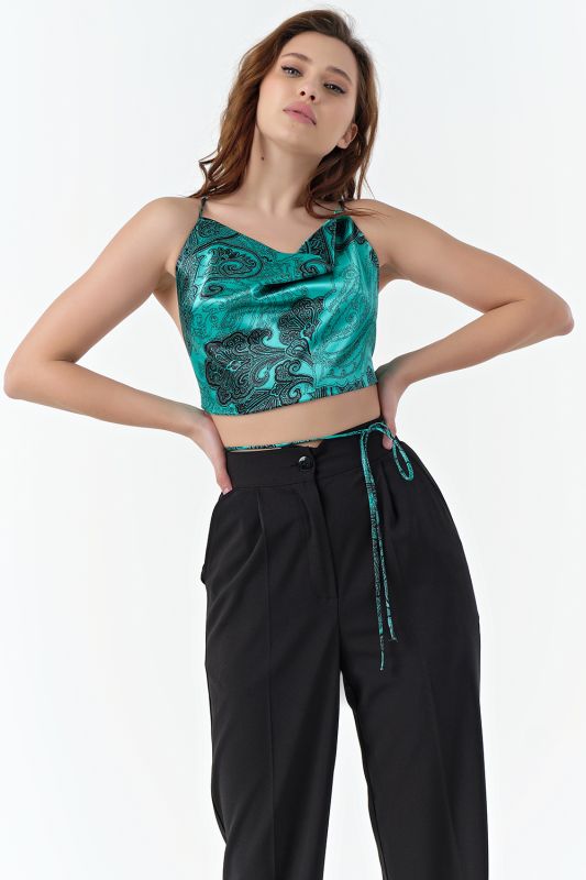 ONE SIZE paisley print satin strappy cropped top