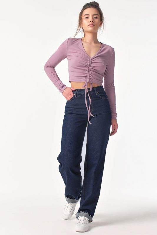 Long-sleeved knitted top with gathering at the front lavender