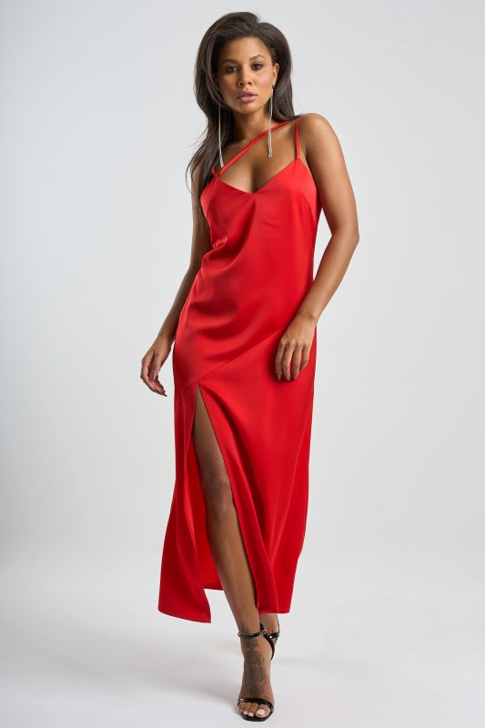 Flowing combination dress in scarlet fabric