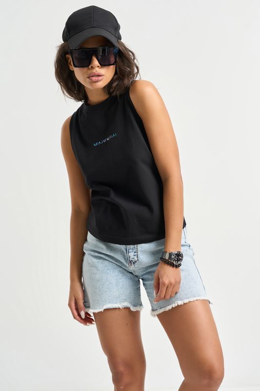 Sleeveless cotton knit top with print black