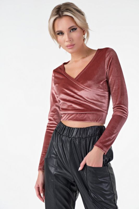 Terracotta long-sleeved cropped velvet top