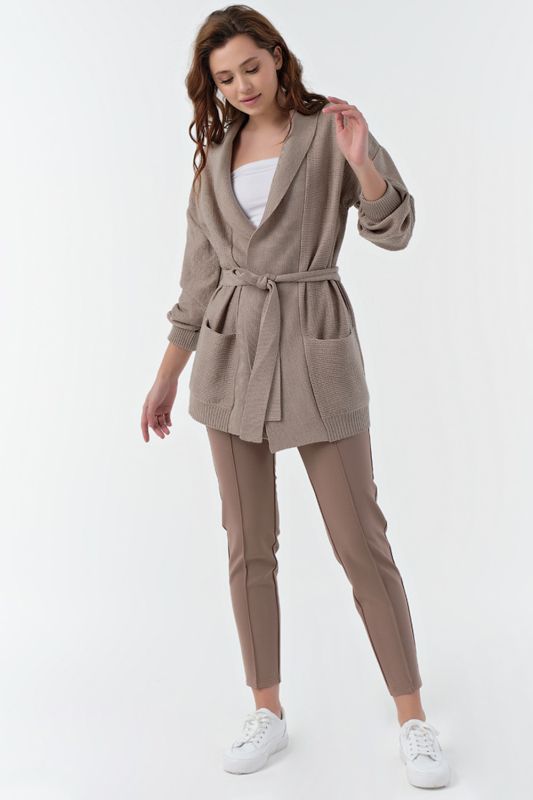 Free knitted cardigan with belt beige