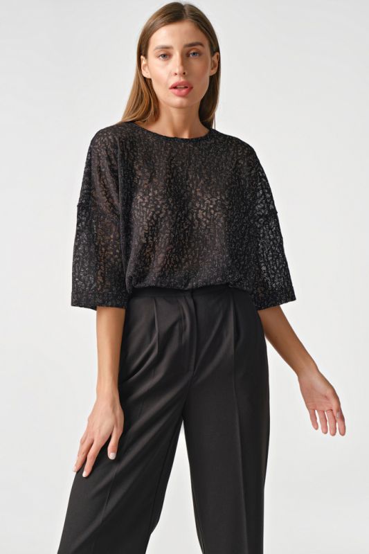 Black openwork knitted tunic with lurex