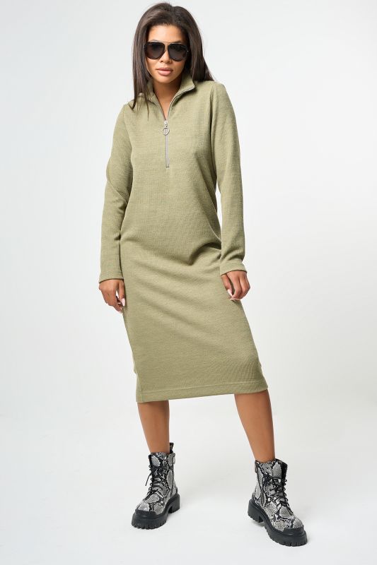 Long sleeve knitted straight midi dress in olive color