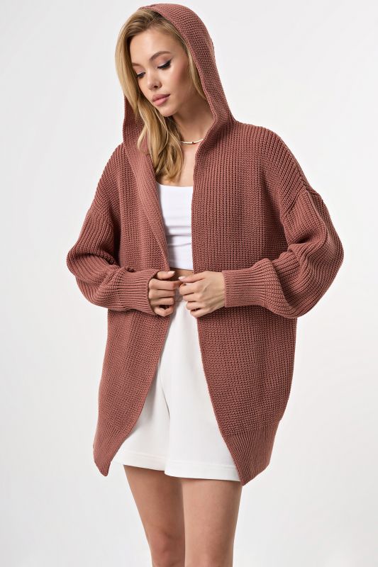 Knitted textured cardigan with hood in ash powder