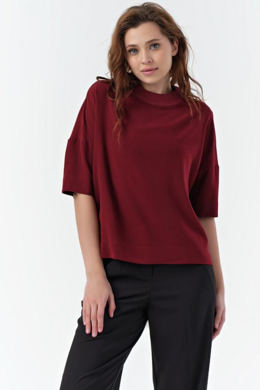 Short sleeve straight office blouse burgundy