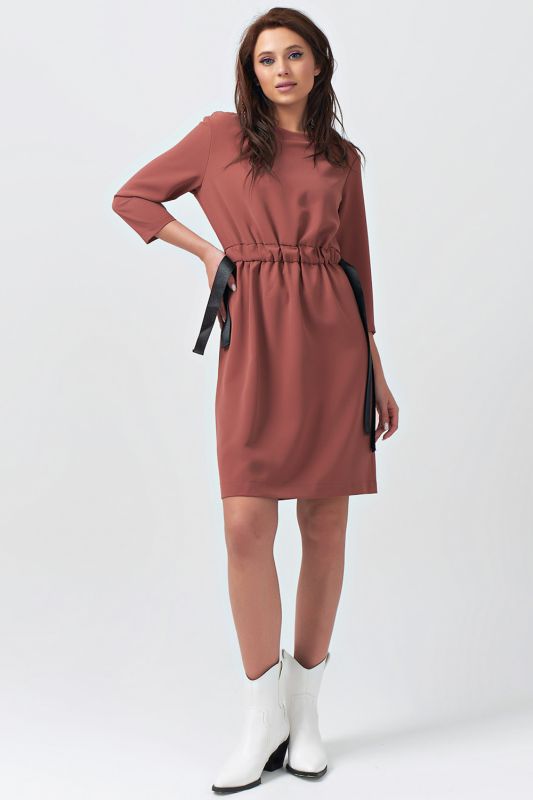 Pale terracotta straight casual dress with waist cuff in pale terracotta