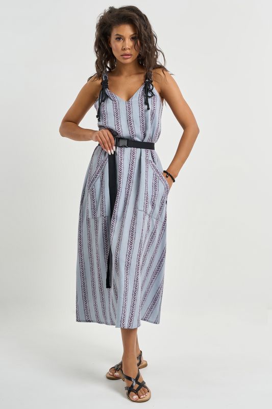 Cotton dress with belt print on gray-blue