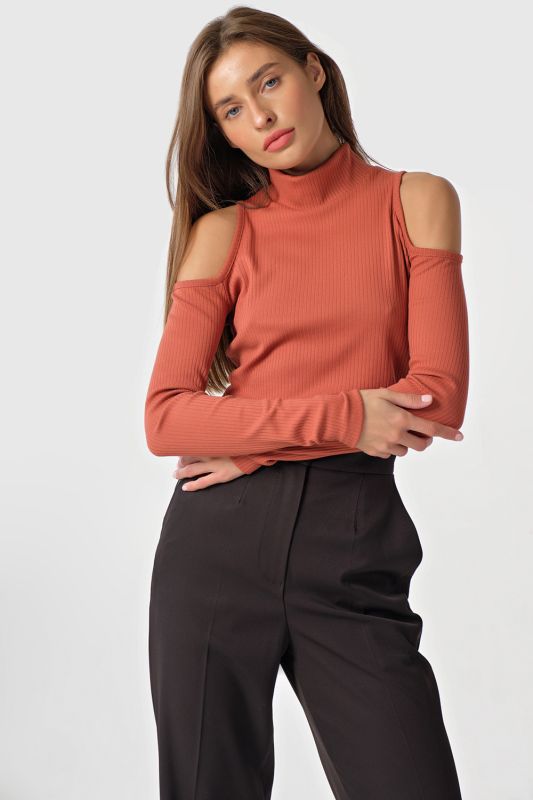 Terracotta open-shoulder knitted longsleeved sweatshirt