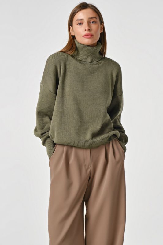 Green melange high neck knitted oversize sweater