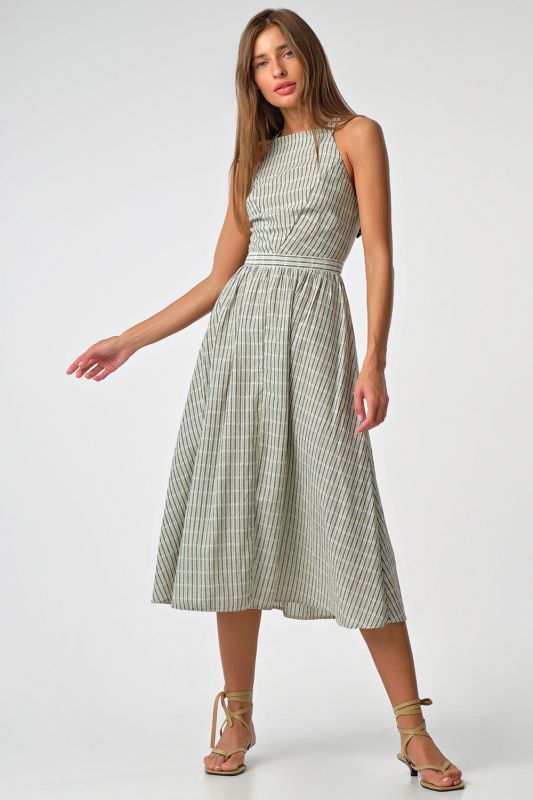 Open back cotton striped sarafan in green