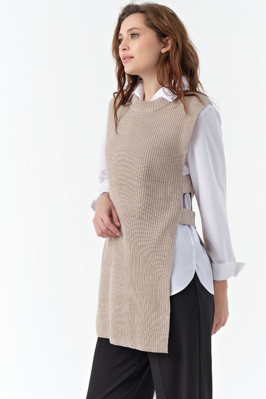 Cotton beige melange long sleeved crochet vest with slits on sides