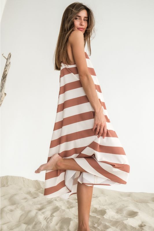 Milk-striped strappy loose midi dress on brick color