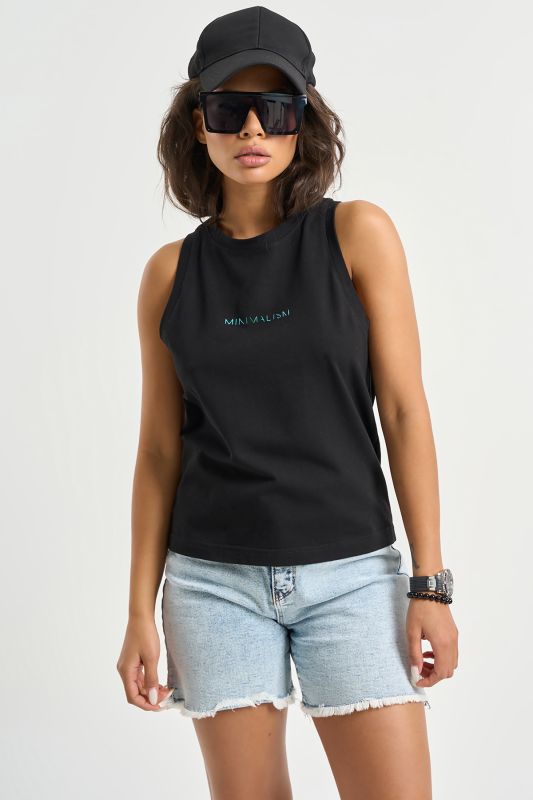 Sleeveless cotton knit top with print black