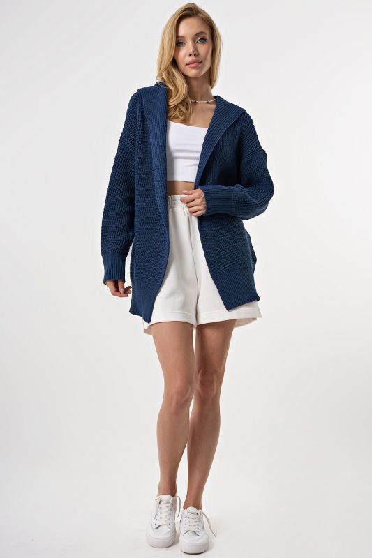 Knitted textured cardigan with hood blue