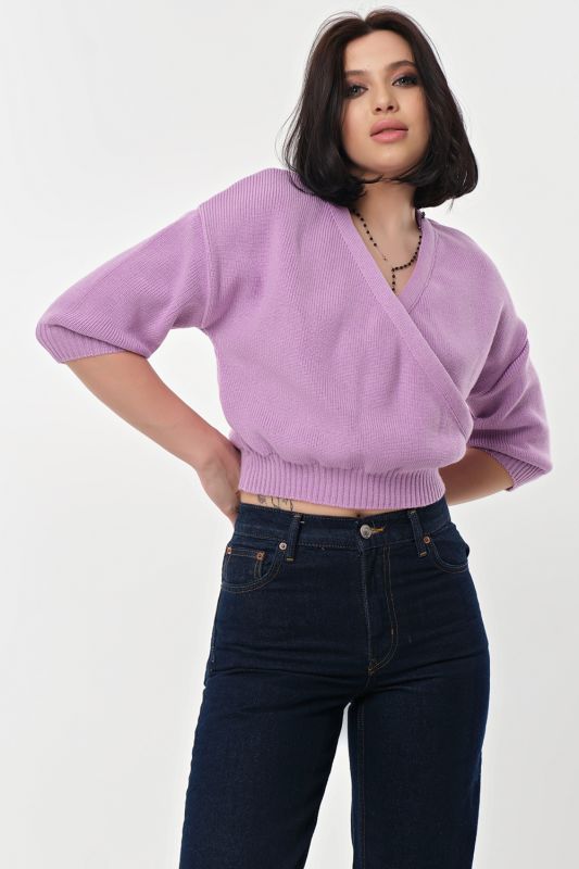 Short cotton sweater in lilac color