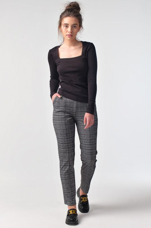 Black and gray plaid classic pants with elastic band at the bottom