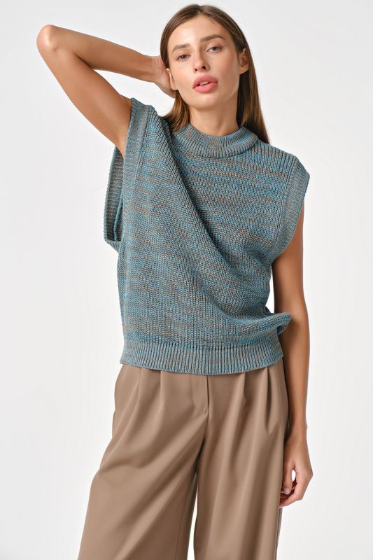 Oversize knitted vest in turquoise-brown melange