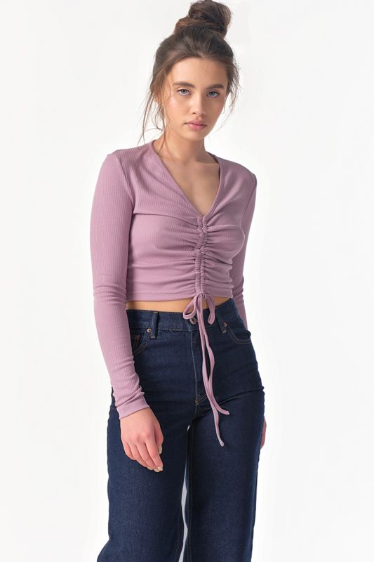 Long-sleeved knitted top with gathering at the front lavender