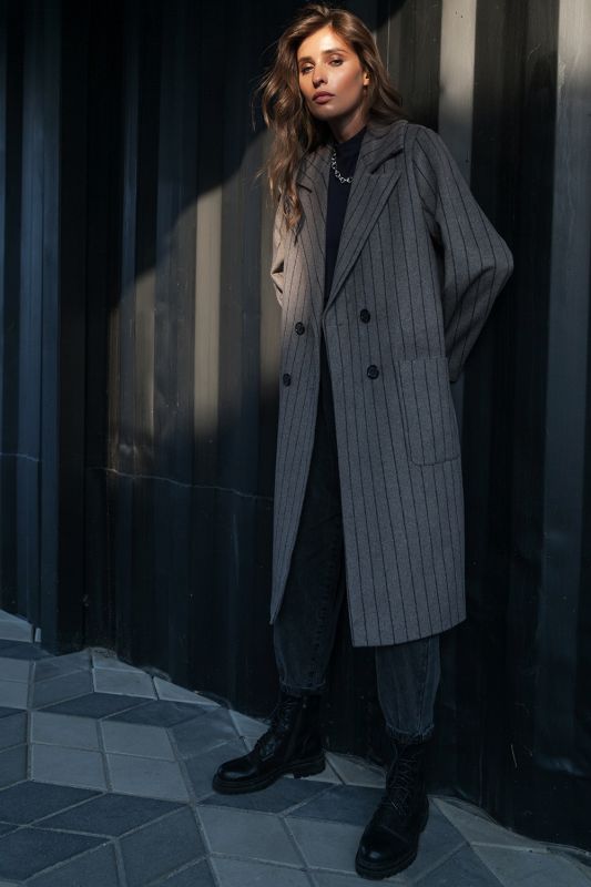 Double-breasted straight wool coat with striped coffee color