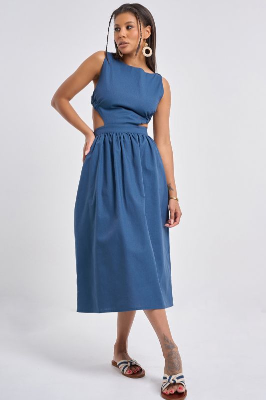 Slit linen sundress gray-blue