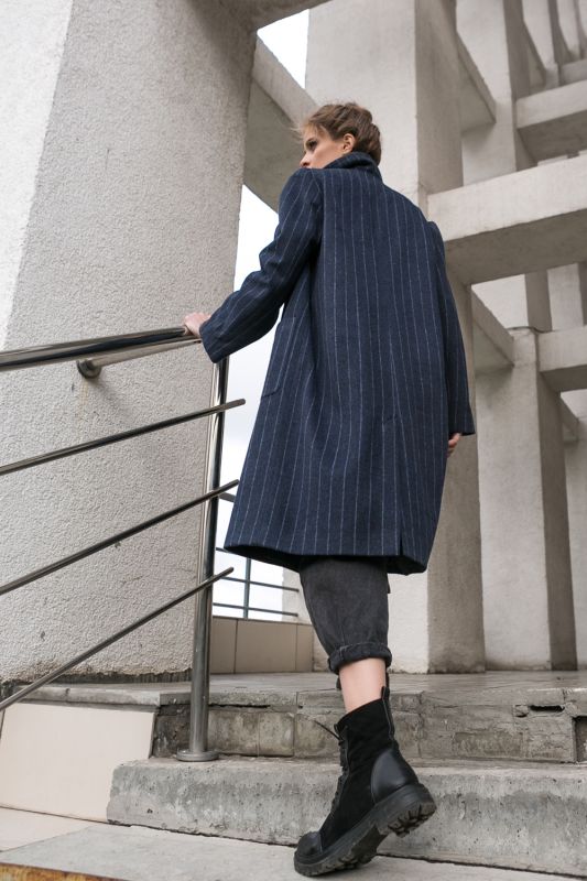 Blue striped wool double-breasted straight coat