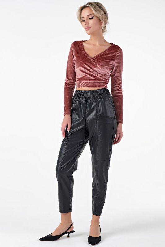 Terracotta long-sleeved cropped velvet top