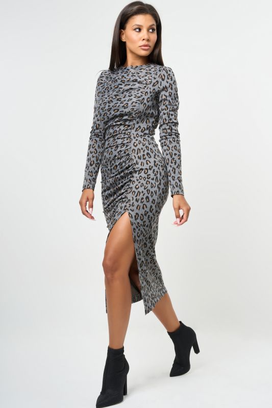 Leopard slit midi dress with leg slit on gray