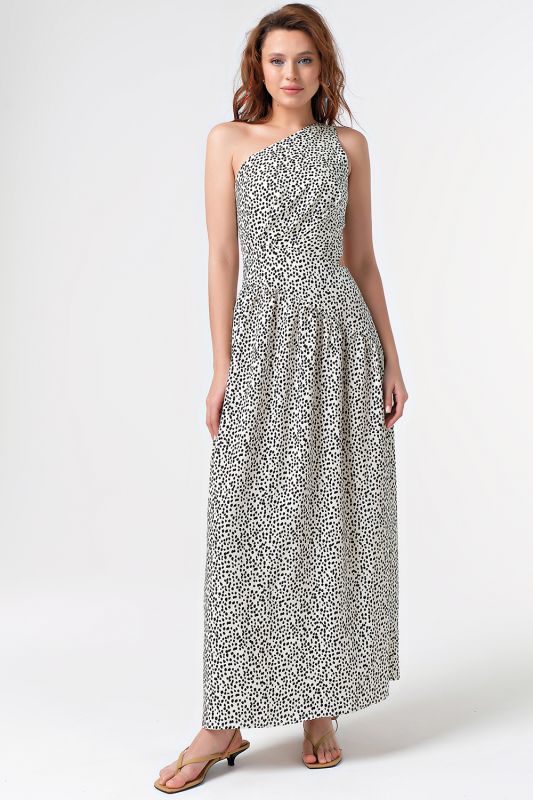 Summer maxi dress with open back made of viscose with print on milky