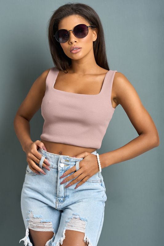 Strappy knitted cropped top in beige