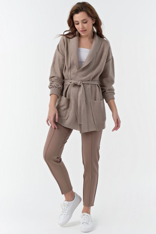 Free knitted cardigan with belt beige