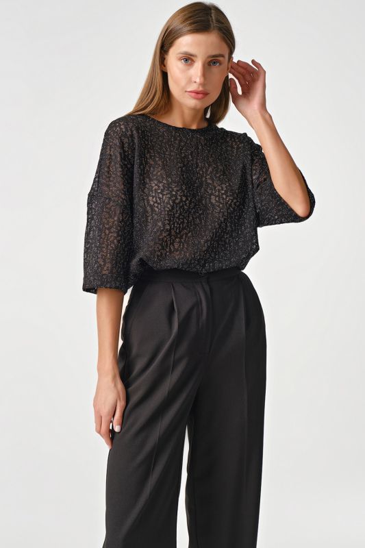 Black openwork knitted tunic with lurex