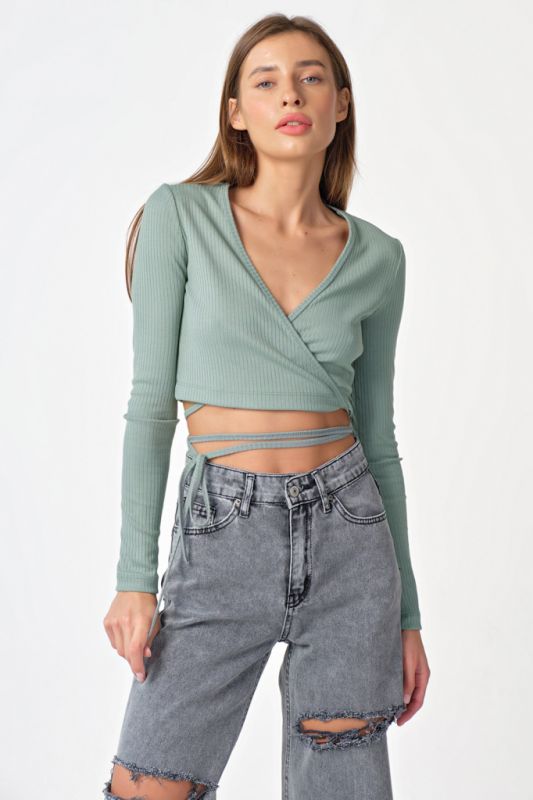 Knitted top with waist ties in mint color