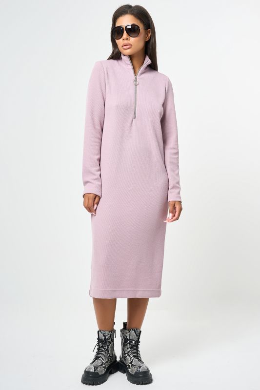 Dusty pink knitted straight midi long sleeve dress