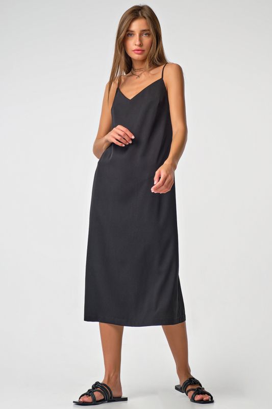 Black linen-style midi combination dress