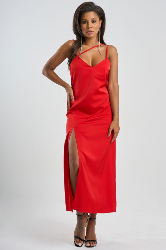 Flowing combination dress in scarlet fabric