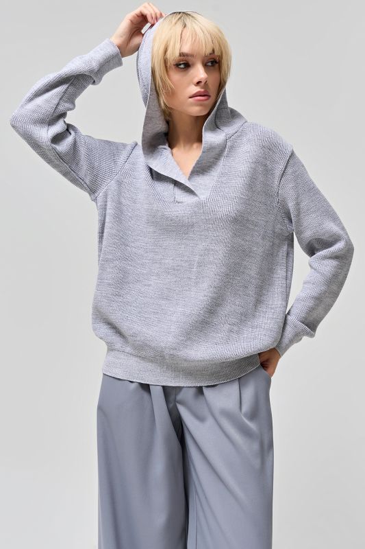 Hooded cotton sweater melange light gray