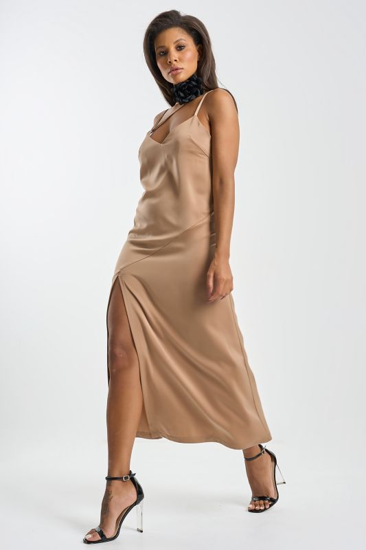 Flowing combination dress in beige fabric