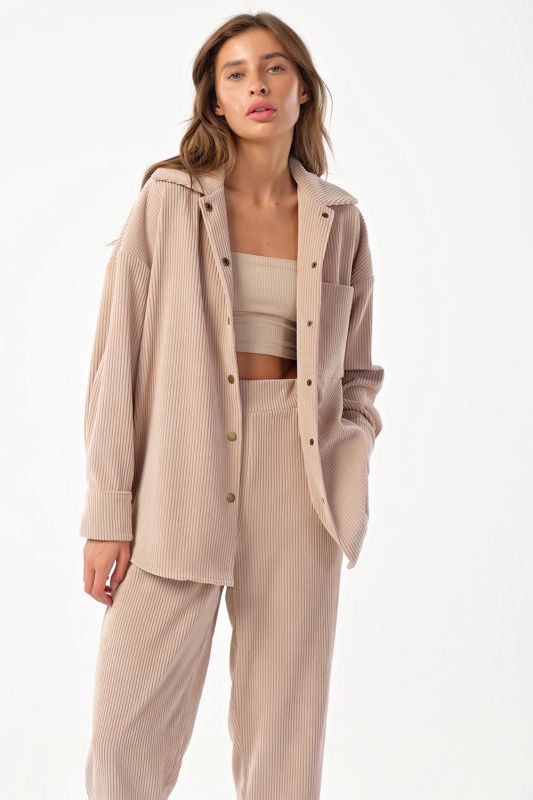 Corduroy pant suit with beige shirt