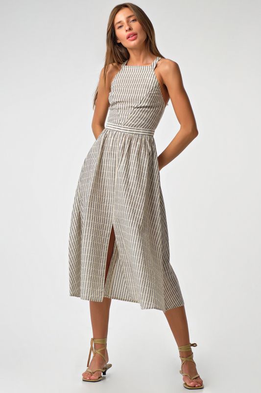 Beige striped cotton striped open back sundress