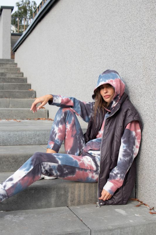 Sport suit with hooded tie-dye gray-blue