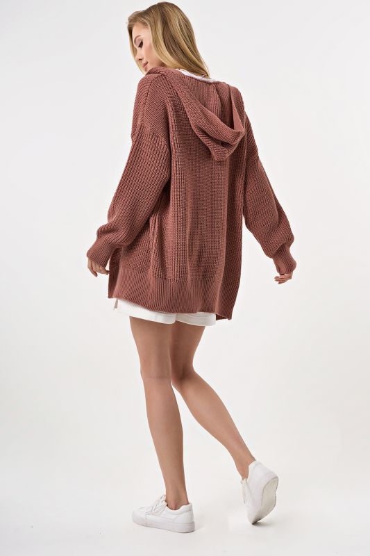 Knitted textured cardigan with hood in ash powder