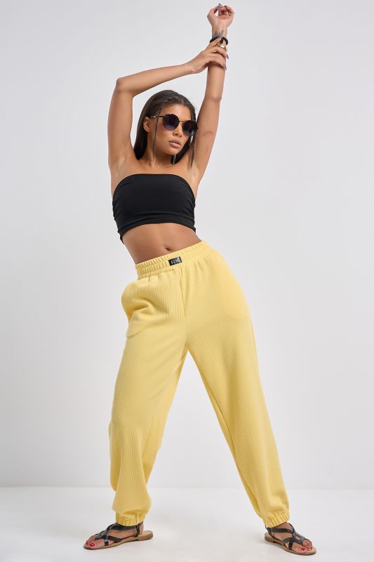 Yellow textured jersey casual pants