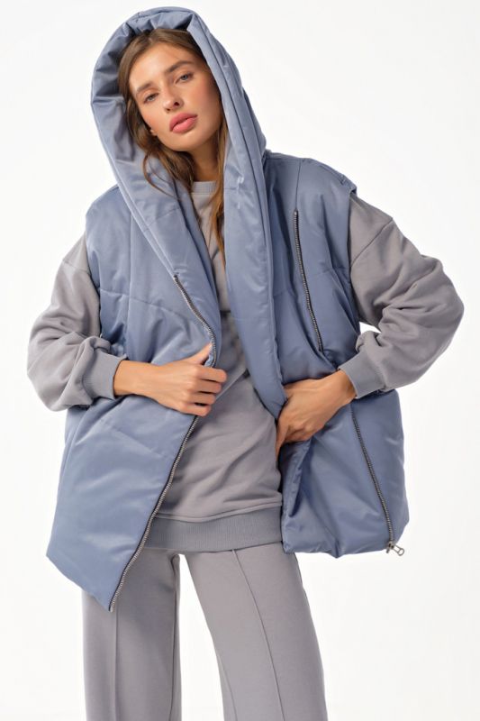 Insulated overcoat with zipper hooded vest in steel blue